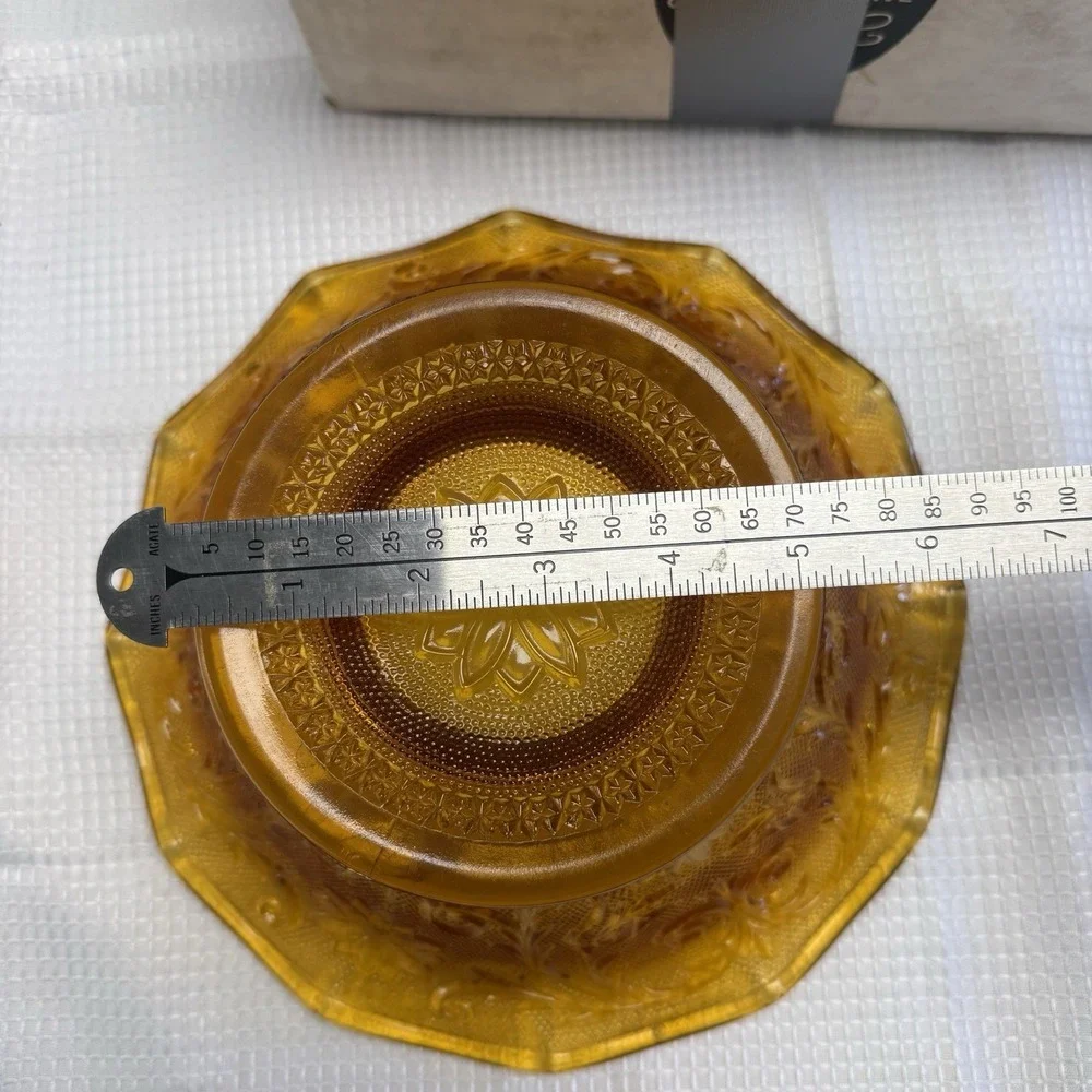 Vtg Indiana Tiara Sandwich Glass Amber/Gold Large Scalloped Pedestal‎ Bowl Box